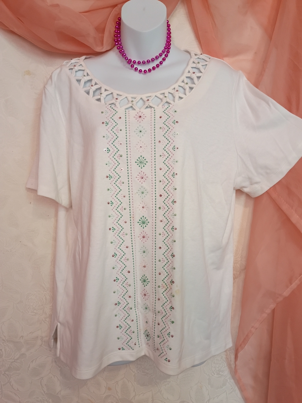 Alfred Dunner White Embellished Lattice-Neck Top